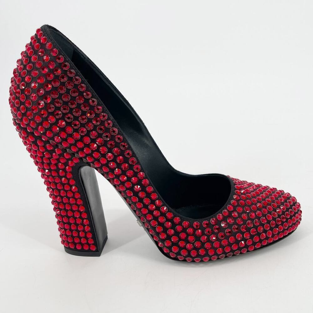 Prada Red Crystal Covered Satin Block Heel Ruby Slipper Pumps IT 37.5 Runway - Picture 4 of 12